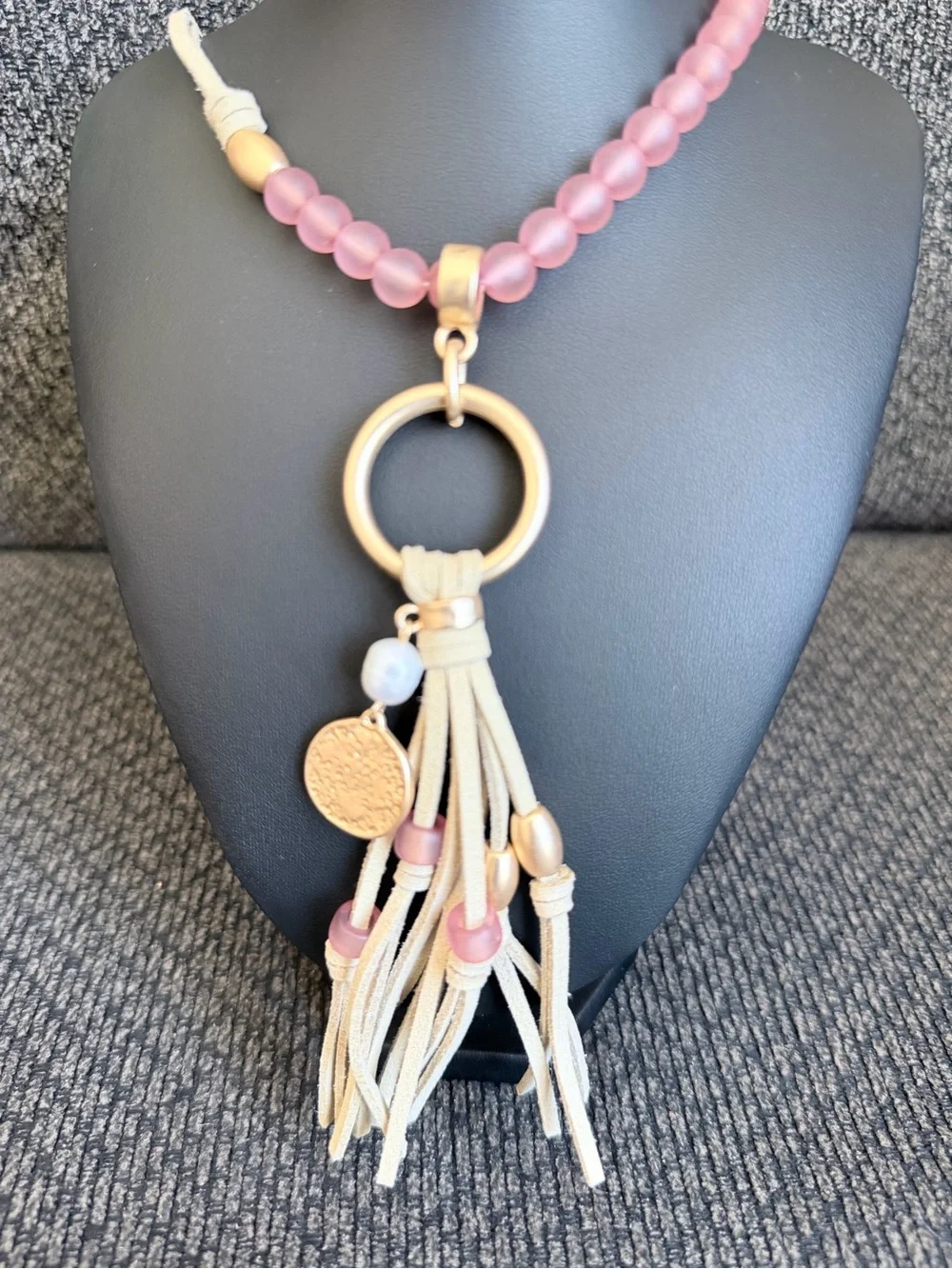 Plunder Beaded Pink and Gold Tassel Pendant Necklace